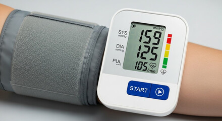 Close up of a person s arm with a digital blood pressure monitor showing high readings