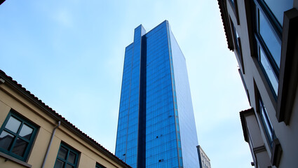 Obraz premium Building Bright blue skyscraper towering above neighboring buildings, shot with minimal distortion and clean composition
