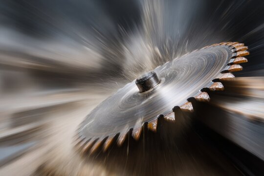 Circular saw blade in motion, blurred sawdust bursts outward
