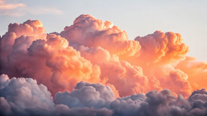 Dramatic cumulus clouds illuminated by warm sunset light creating a vibrant orange and pink sky