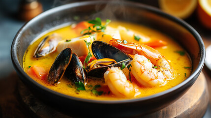 Seafood soup with shrimp and mussels in a bowl on wooden table  