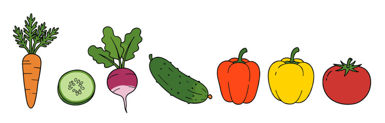 Obraz premium Vibrant vegetable assortment illustration including carrot, cucumber, radish, bell peppers, and tomato on a transparent background