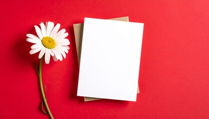 Blank card and white chamomile on red background