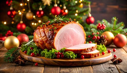 Christmas still life with candle on a festive table setting featuring a plate of gourmet roasted meat, fresh vegetables, and sliced tomatoes