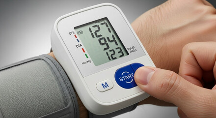 Person uses a digital blood pressure monitor to check their vital signs