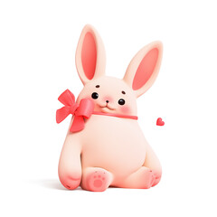 3d rendering of stylized plush toy of simple fat cute funny fluffy cartoon easter bunny with eyebrows, ears, cheeks, soft paws, red bow tied around the neck in sitting playful pose on white background