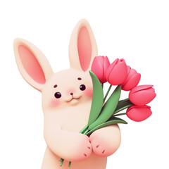 3d rendering portrait of stylized simple funny soft fluffy cartoon easter bunny with happy face, eyebrows, pink ears, cheeks holding bouquet of red tulips in its paws. Hello spring on white background