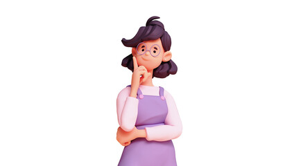 3d rendering portrait of stylized thoughtful asian girl, fashion clothes blue overalls, touches chin with hand, raises index finger up, thinking about decision, making right choice on white background