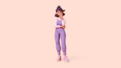 3d rendering of stylized thoughtful asian girl, fashion clothes, blue overalls, standing touches chin with hand, raises index finger up, thinking about decision, making right choice, pastel background