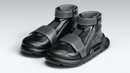 3d rendering of cyberpunk stylish black leather sneakers with automatic self-lacing mechanism, fashion massive velcro strap, red LED heel lights, thick rubber sole, wide toe box on gray background.