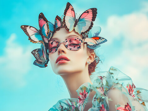 Beautiful woman with butterflies in hair wearing pink sunglasses and floral dress - Powered by Adobe