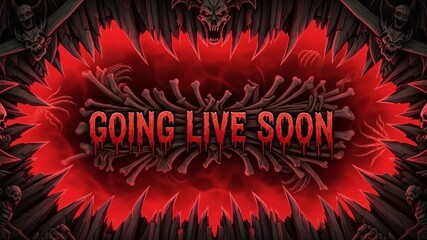 Dark fantasy animated background with skulls, bones, and red mist announcing going live soon for Halloween themed streams and content - Powered by Adobe