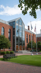 View of the building of a modern American university.