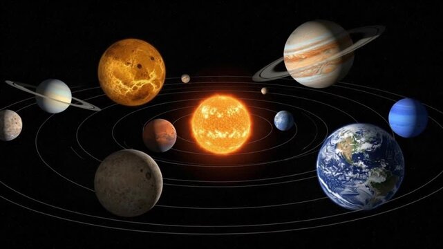 Solar system planets orbiting sun in space with stars and orbits showing earth mars venus jupiter saturn uranus neptune and moons illustrating cosmic exploration scientific discovery 4K Ai HD video.


