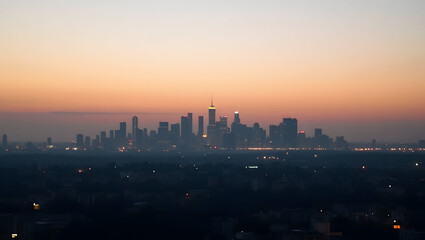Naklejka premium Building Long-distance city skyline captured at dawn, buildings glowing softly with first light above a quiet urban sprawl