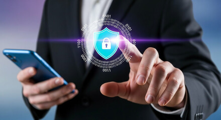 Person using smartphone interacting with digital shield and binary code for data protection