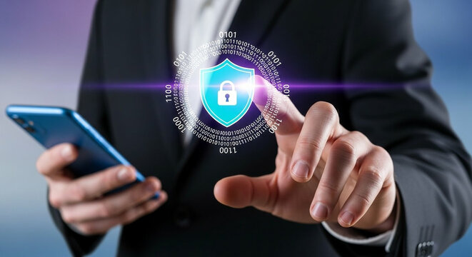 Person using smartphone interacting with digital shield and binary code for data protection
