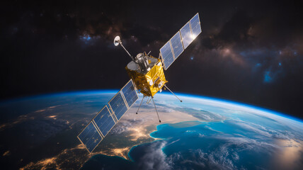 A photorealistic space satellite image with a dramatic Earth background .