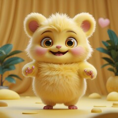 Cute fluffy yellow hamster in a cozy yellow room with plants and heart decoration