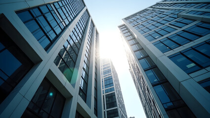 Building Modern high-rise buildings with full glass facades under direct sunlight, captured with lens flare and contrast
