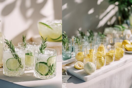 Modern wedding cocktail station with crystal glasses filled with signature drinks