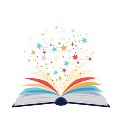 Open book with colorful pages and magical stars on a transparent background