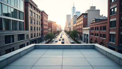 Building Open concrete rooftop overlooking busy city streets, captured in wide panoramic format