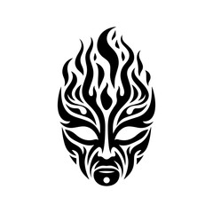 A tribal mask silhouette depicting fire, with flame motifs