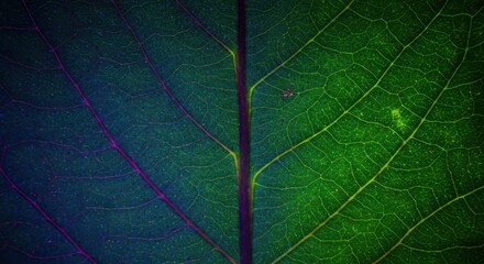 Close-up of Vibrant Green and Blue Leaf with Detailed Veins and Textured Surface