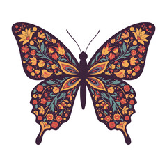 Ornate butterfly with vibrant floral designs on a transparent background