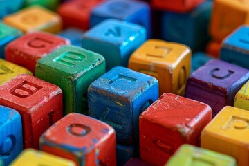 Colorful wooden alphabet blocks laying on a surface, forming random letters of the english alphabet