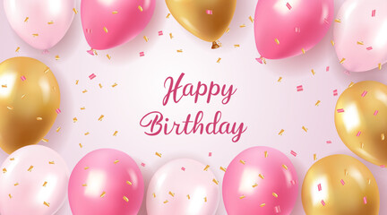 Realistic balloon happy birthday banner, luxury anniversary party poster template with pink and gold balloons.
