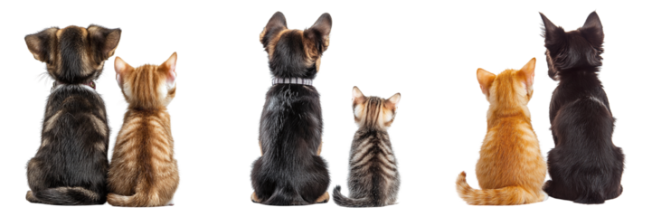 Set of cute kittens and puppies sitting with their backs isolated on transparent background PNG