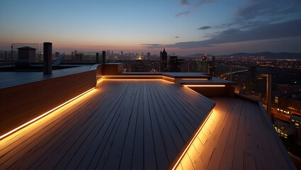 Building Scenic rooftop deck built with dark wood panels and embedded LED strips along the edges