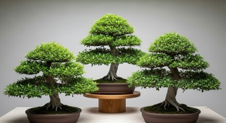 Three Well-groomed Bonsai Trees in Brown Pots on White Surface with Gray Background