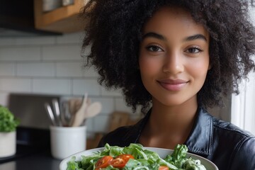Eating high-fiber and low-calorie foods for good health, with a young woman enjoying a bowl of fresh salad and water in the morning, Generative AI