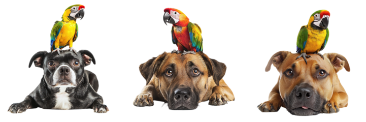Set of cute dogs with parrots isolated on transparent background PNG