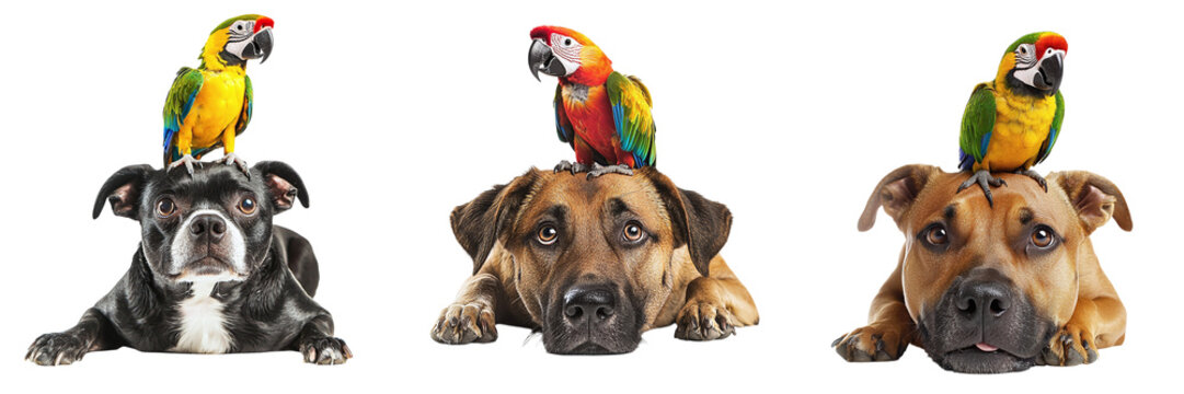 Set of cute dogs with parrots isolated on transparent background PNG