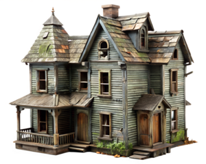 Old weathered wooden house with moss and peeling paint isolated on transparent background