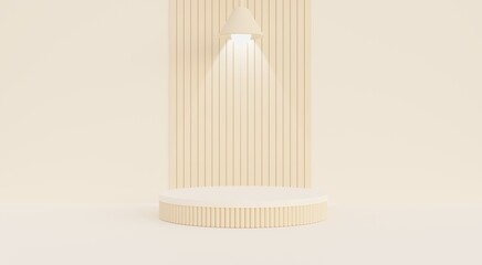 Beige podium, beige background with lamp for advertising products, fashion, cosmetics, beauty, perfume, popular, 3D illustration.