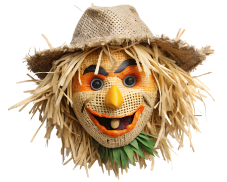 Funny scarecrow face with straw hair and hat isolated on transparent background