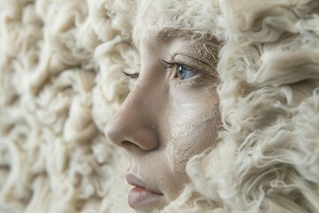 Fototapeta premium Young woman with creative white make up is posing with a fluffy white headdress
