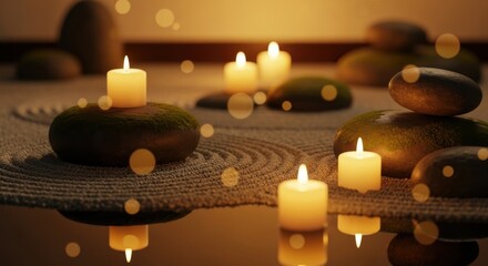 Calming Spa Stones with Candlelights and Bokeh Effect in Relaxing Meditation Space
