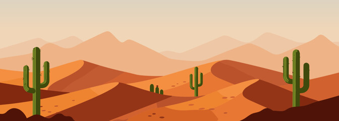Desert landscape with cacti and rolling dunes at sunset