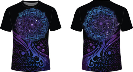 Psychedelic mandala t-shirt design, abstract galaxy print, glowing purple blue artwork, boho vector tee, spiritual cosmic shirt template, editable