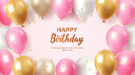Realistic balloon happy birthday banner, luxury anniversary party poster template with pink and gold balloons.