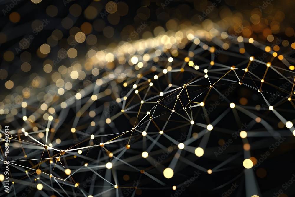 Poster abstract network connection is glowing gold and forming a mesh on a dark background with bokeh