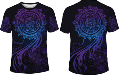 Psychedelic mandala t-shirt design, abstract galaxy print, glowing purple blue artwork, boho vector tee, spiritual cosmic shirt template, editable