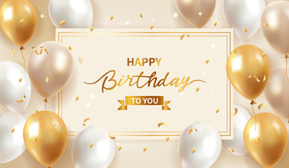 Balloon happy birthday template, celebration anniversary luxury party shiny gold and silver balloons and confetti banner poster, vector template