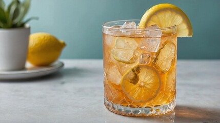 Iced Lemon Tea with Lemon Garnish in Glass